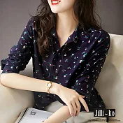 【Jilli~ko】新款復古時尚休閒碎花印花韓版上衣翻領長袖襯衫 M-L J8779　 L 深藍色
