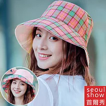 seoul show首爾秀 雙面戴格子漁夫帽四季防曬遮陽帽  粉色格子