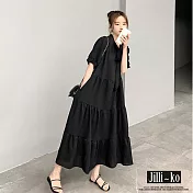 【Jilli~ko】夏季新款蝴蝶結連衣裙寬鬆顯瘦中長蛋糕裙 J8766　 M 黑色