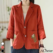 【ACheter】春夏棉麻刺繡寬鬆七分袖短款外套#112117- M 紅