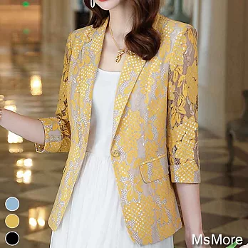 【MsMore】法式浪漫顯瘦收腰設計感蕾絲西裝外套#112126- XL 黃