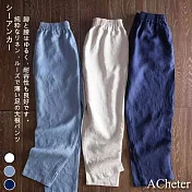 【ACheter】新款顯瘦鬆緊腰頭棉麻百搭休閒褲#112073- M 藍
