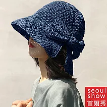 seoul show首爾秀 小香風蝴蝶結草帽防曬遮陽帽  藍色