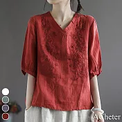 【ACheter】日本宮廷復古文藝棉麻刺繡上衣#112153- M 紅