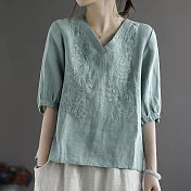 【ACheter】日本宮廷復古文藝棉麻刺繡上衣#112153- L 綠