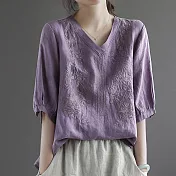 【ACheter】日本宮廷復古文藝棉麻刺繡上衣#112153- M 紫