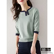 【Jilli~ko】新款撞色亮絲設計感小眾七分袖套頭針織衫 J8793　 FREE 綠色