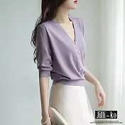 【Jilli~ko】氣質優雅珍珠扣飾V領純色寬鬆五分袖針織衫 J8801　 FREE 紫色