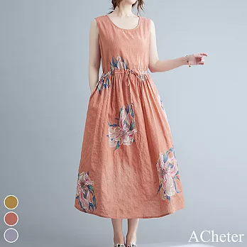 【ACheter】花開富貴大碼收腰棉麻背心洋裝#112209- L 橘