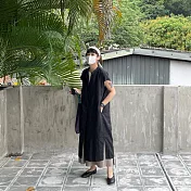 【MUJI 無印良品】女法國亞麻水洗法式袖洋裝 M-L 黑色