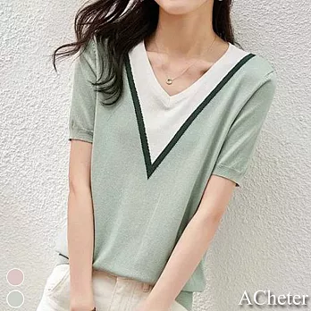 【ACheter】撞色時髦T恤女冰絲顯瘦針織上衣#112137- F 綠