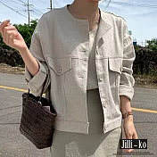 【Jilli~ko】韓版工裝大口袋圓領寬鬆夾克休閒棉麻空調外套 L-XL E0015 L 卡其色
