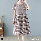 【ACheter】日式清爽棉麻格子拼接洋裝#112151- XL 咖