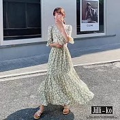 【Jilli~ko】新款短袖雪紡夏中長款超仙顯瘦收腰碎花連衣裙 J8891　 FREE 綠色