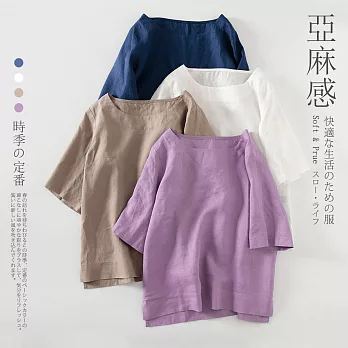 【慢。生活】亞麻感日系夏季圓領五分袖半袖T恤 8221　 L 淺紫色
