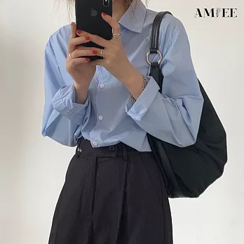【AMIEE】復古OL風百搭襯衫(KDT-1375) S 藍色
