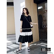 【Jilli~ko】夏季chic中長款大碼寬鬆百褶短袖連衣裙 J8857　 FREE 黑色