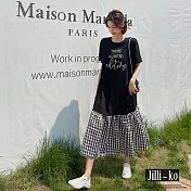 【Jilli~ko】韓版夏新款拼接格子圓領大碼連衣裙 J8861　 FREE 黑色