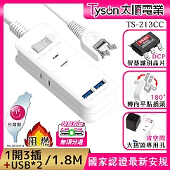 Tyson太順電業 213CC 2孔1切3座+雙USB充電延長線(轉向平貼插座)─1.8M