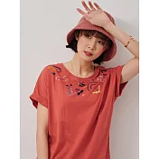 【慢。生活】夏季圓領花草刺繡翻袖棉質T恤 11000  FREE 橘紅色