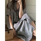 【慢。生活】韓國風翻領條紋寬鬆中長款短袖襯衫裙 022　 FREE 灰色