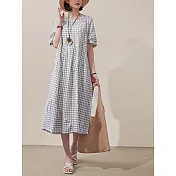 【慢。生活】春夏寬鬆皺面文藝格子不規則拼接連衣裙 13687　 FREE 白色