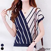 【ACheter】 設計感V領不規則條紋時尚冰絲針織上衣# 112141 F 藍色