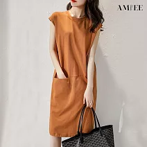 【AMIEE】清涼甜美舒適顯瘦洋裝(KDD-6545) M 土黃色