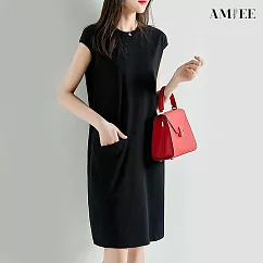 【AMIEE】清涼甜美舒適顯瘦洋裝(KDD─6545) XL 黑色