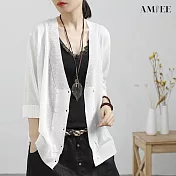【AMIEE】輕柔透膚排扣針織外套(KDC-3095) L 白色