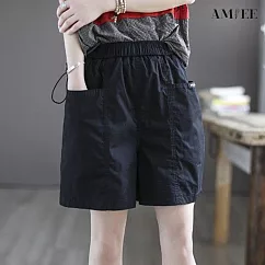 【AMIEE】輕薄舒適鬆緊棉麻短褲(KDP─0567) XL 黑色