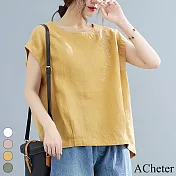 【ACheter】 千葉刺繡棉麻輕鬆休閒上衣# 112193 XL 黃色
