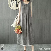 【ACheter】 京都條紋棉麻文藝大碼寬鬆背心洋裝# 112255 XL 灰色