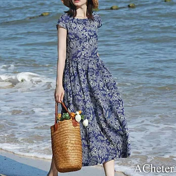 【ACheter】 藍瓷印花渡假慵懶風棉麻洋裝# 112308 M 藍色