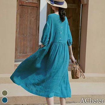 【ACheter】 海洋風舒適飄柔棉麻洋裝# 112311 M 湖藍