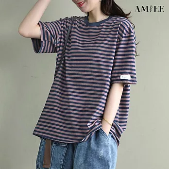 【AMIEE】寬鬆休閒百搭居家上衣(KDT-4669) M 紫色條紋