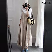 【AMIEE】垂墜感寬鬆棉麻洋裝(KDD-7329) S 杏色