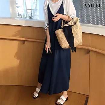 【AMIEE】垂墜感寬鬆棉麻洋裝(KDD-7329) S 藏青