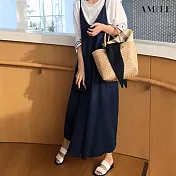 【AMIEE】垂墜感寬鬆棉麻洋裝(KDD-7329) L 藏青