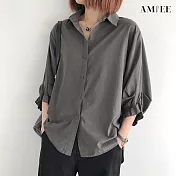 【AMIEE】燈籠袖修身七分袖襯衫(KDT-7309) L 藍灰色