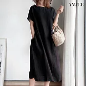 【AMIEE】文青修身顯瘦洋裝(KDD-8523) L 黑色