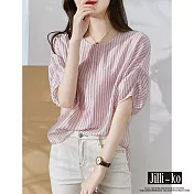 【Jilli~ko】夏季新款泡泡袖圓領低肩直條紋寬鬆上衣 J8900　 FREE 粉紅色