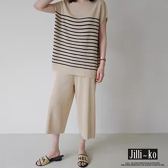 【Jilli~ko】兩件套條紋上衣+闊腿褲薄款冰絲針織套裝 E0010　 FREE 杏色