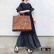 【Jilli~ko】夏季新款日系泡泡袖荷葉邊黑色氣質顯瘦連衣裙 E0012  FREE 黑色