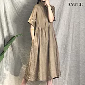 【AMIEE】氣質棉麻顯瘦洋裝(KDD-6753) M 卡其色