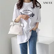 【AMIEE】休閒印花舒適純棉上衣(KDT-8272) F 白色