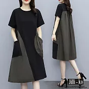 【Jilli~ko】撞色拼接大碼寬鬆顯瘦中長款連衣裙 J8839　 FREE 灰綠色