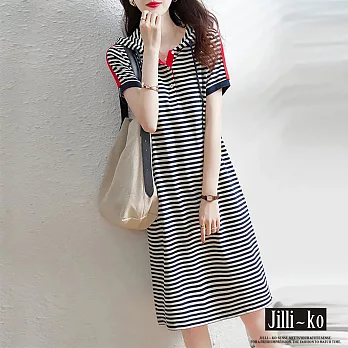【Jilli~ko】夏季優雅時尚撞色條紋連帽寬鬆中長款連衣裙 J8909　 FREE 深藍色