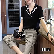 【Jilli~ko】小西領時尚感氣質撞色寬鬆針織衫 J8920　 FREE 黑色
