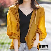 【Jilli~ko】新款輕薄寬鬆純色半袖連帽防曬冷氣房拉鍊外套 J8926　 FREE 黃色